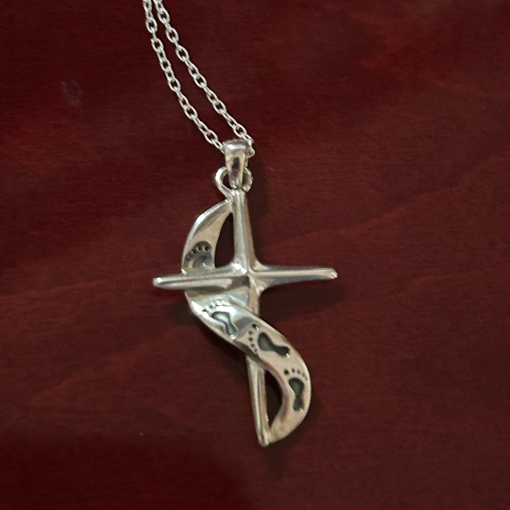 Avon Silver Cross Footprint Pendant Necklace